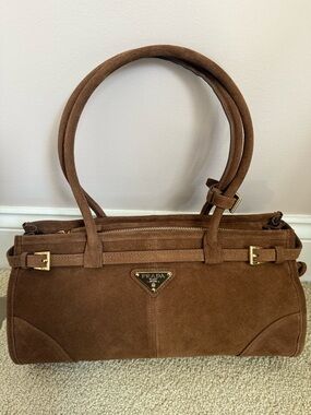 Brown Suede Double-Handle Shoulder Bag